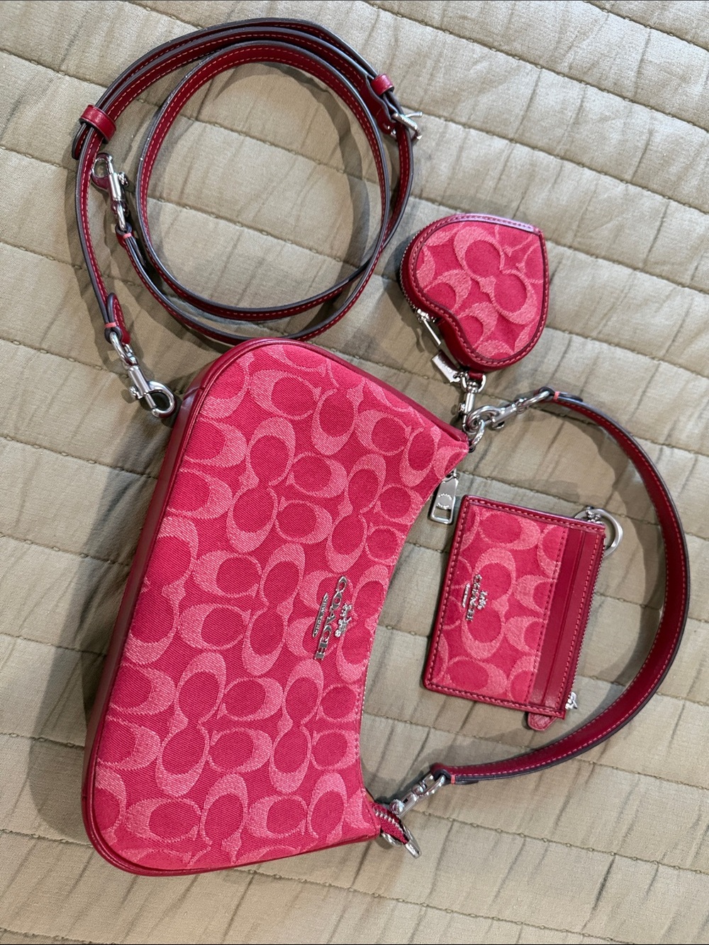 Coach red denim Signature Canvas Teri shoulder with Card Case & Heart Coin Pouch
